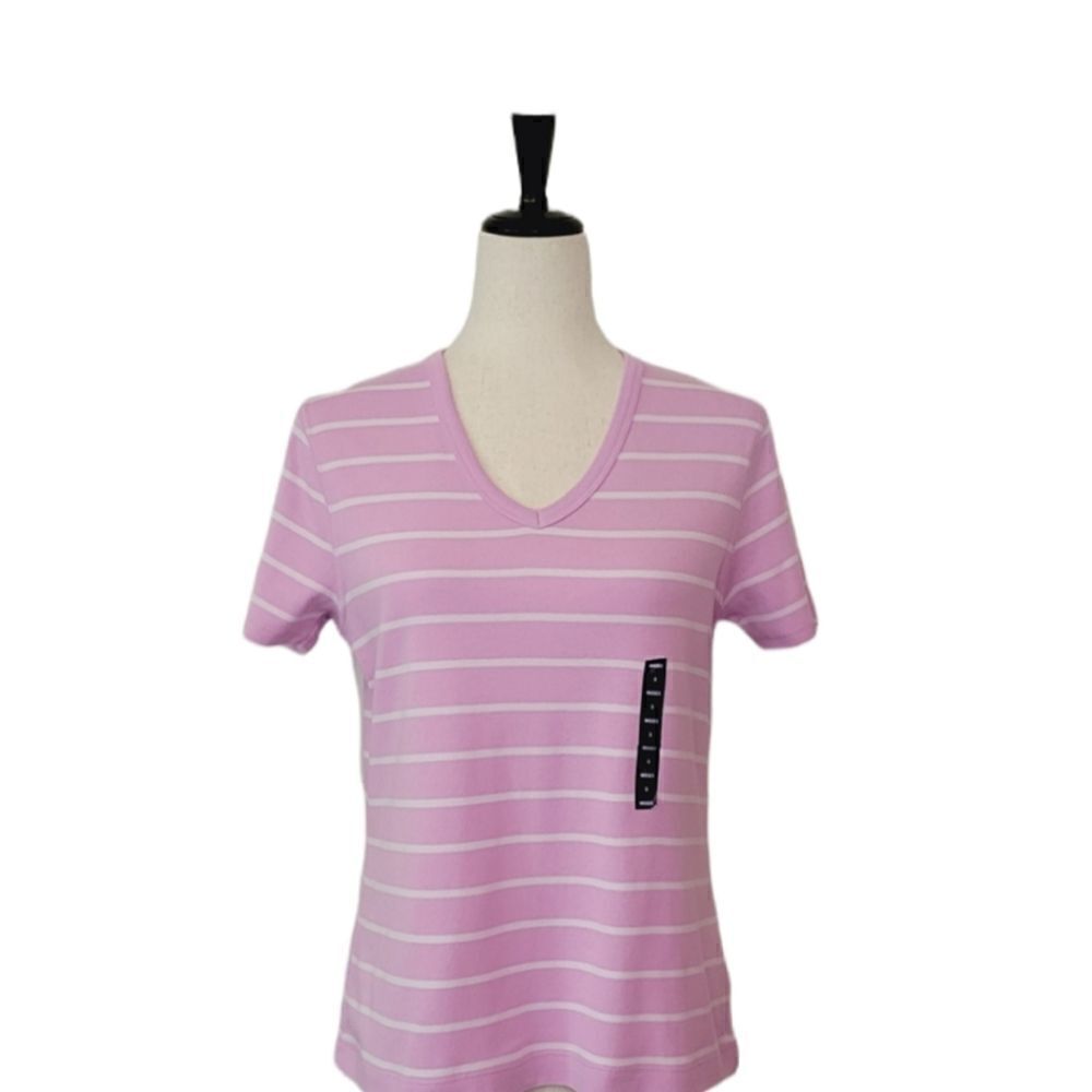 Lands' End Purple Striped V-neck Short Sleeve 100% Cotton T-shirt Size S - Picture 2 of 8
